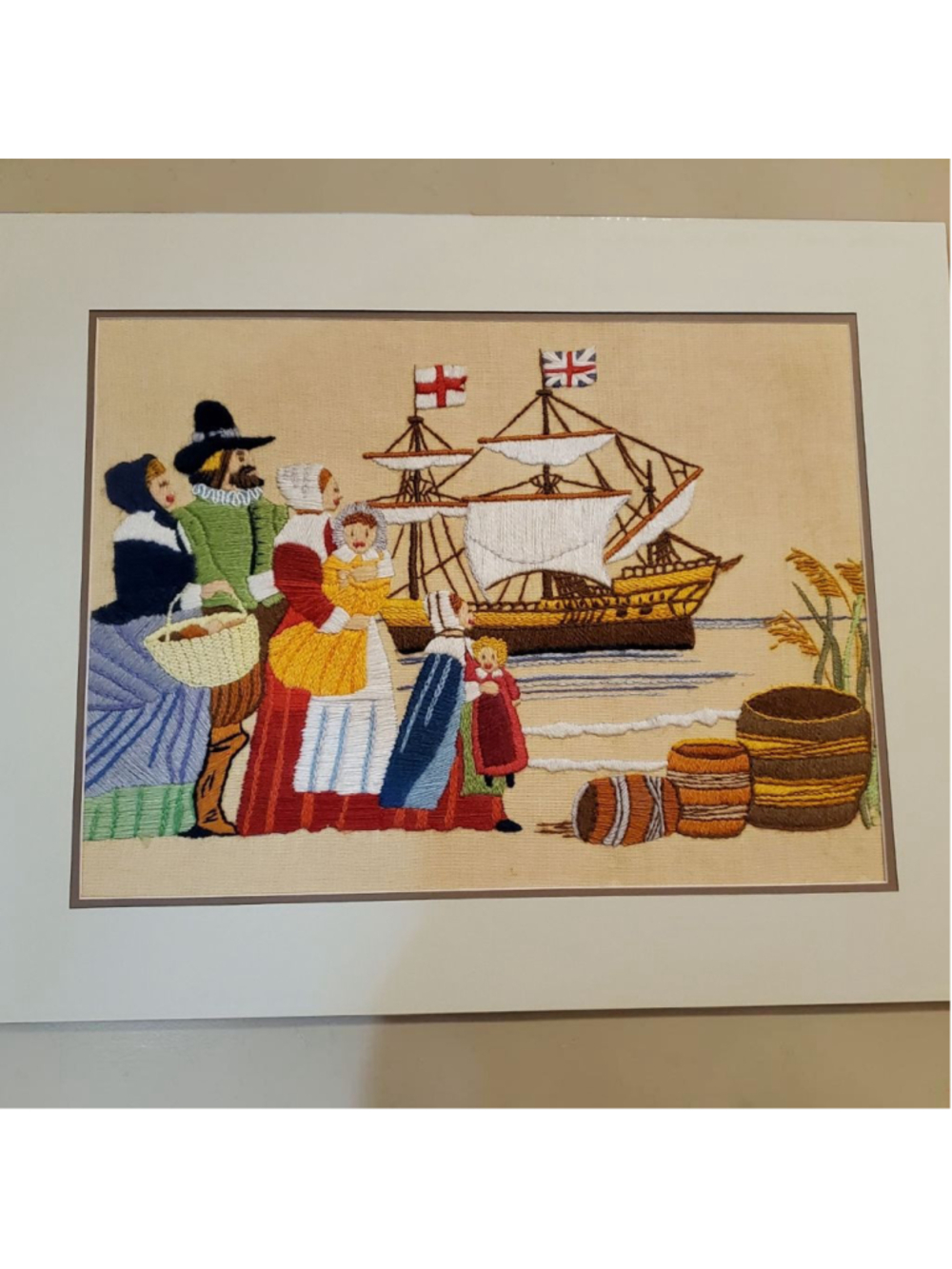 Vintage 70s Rare Erica Wilson Pilgrim Thanksgiving Crewel Embroidery Artwork